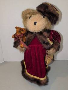 lot 3231 image: Teddy Bear Doll in Burgundy Velvet Formal Outfit with Hat 9x18