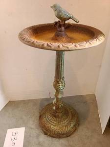 lot 3301 image: Metal bird bath, 17 inches tall.