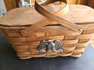 lot 3428 image: Woven Wooden Picnic Basket with Lid and Eagle Emblem
