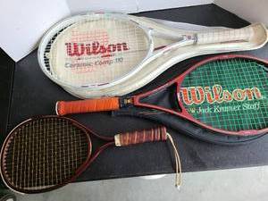 lot 3439 image: Tennis and rackets, Wilson ceramic comp 110, Wilson Jack Kramer staff And a MTD racquetball racket.