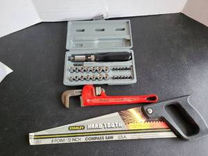 lot 3443 image: Hand Tools Lot Screwdriver Set Pipe Wrench Compass Saw