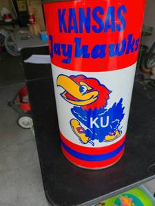 lot 3453 image: KU Jayhawk tin can, 19.5x10