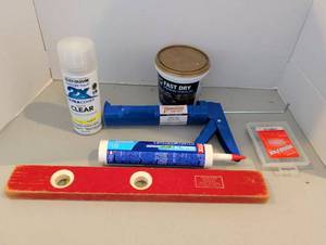 lot 3513 image: Hand Tool Lot Caulk Gun Level Paint Adhesive Spackling and clear matte Spray
