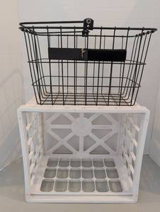 lot 3529 image: Black Wire Basket with Black Handle and plastic crate 15x13x11