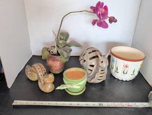 lot 3535 image: Decorative Accents Lot - Orchid Plant, Ceramic Vessels, Figurines