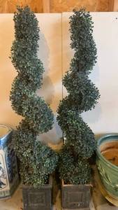 lot 3608 image: 2 Faux Plants Topiary Trees in Black Planters 4 ft tall