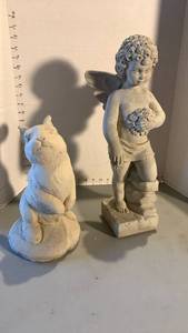 lot 3611 image: 2 cement Figurines Cherub and rabbit 18 inches and 12 inches tall