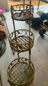 lot 3612 image: 3-Tier Plant Stand with Decorative Metal Baskets- missing a foot 31X27