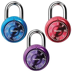 lot 37 image: Master Lock Aluminum 40 mm (1-916 in) Combination Lock  17 mm (1116 in) shackle  3 pack  assorted colors - Retail $19