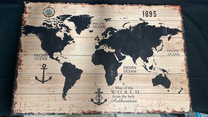 lot 7751 image: World Map Wall Art with Nautical Compass and Ocean Labels