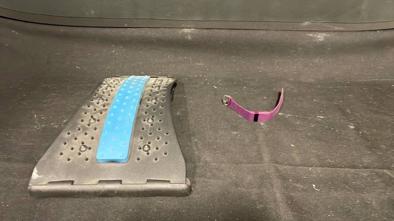 lot 7858 image: Surfboard Fin Set with Blue Center Fin and Purple Strap