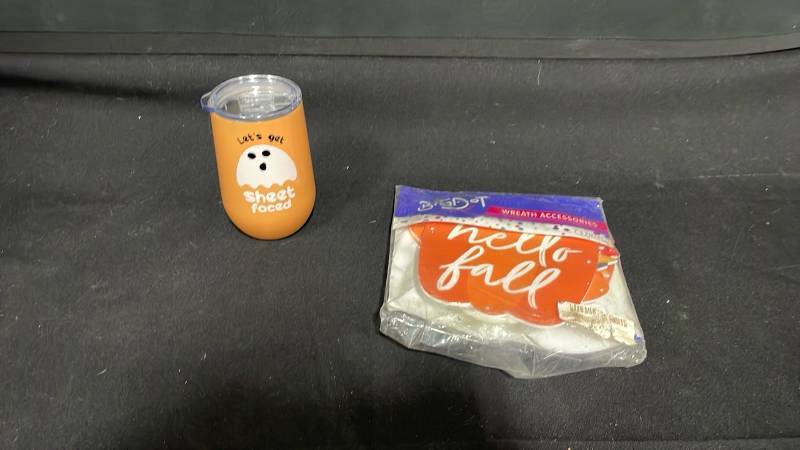 lot 7867 image: Lets Get Sheet Faced Halloween Tumbler and Hello Fall Wreath Accessories Bundle