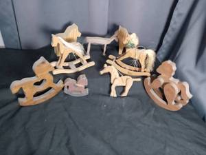 lot 7006 image: Wooden Horse Figurine Collection Lot 9 Pieces Rocking Horses Standing