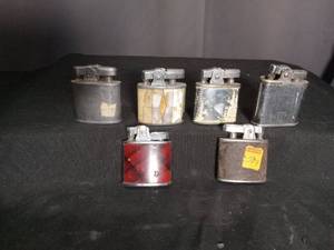 lot 7008 image: Lot of 6 Tabletop Lighters with Metal Bodies and Flint Mechanisms
