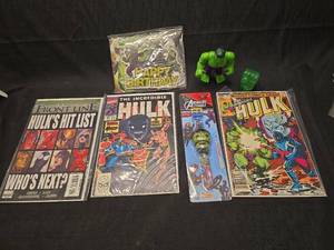 lot 1373 image: Marvel Comics Hulk Lot Hit List, Incredible Hulk Issues, Avengers Assemble Toy, Action Figures