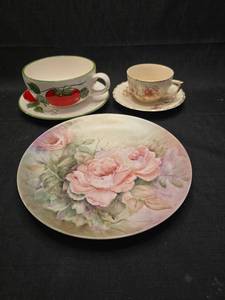 lot 1398 image: Lot of 3 Decorative Teacups and Saucers with Floral Hand-Painted Designs