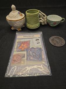 lot 1399 image: Lot of 3 Ceramic Items with Indygo Junction Tote and 1877 Indian Head Cent