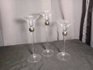 lot 6867 image: Set of 3 Glass Candleholders with Sphere Stem 9 Inches Tall