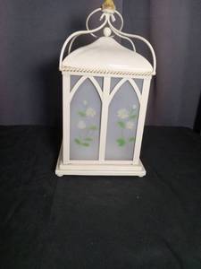 lot 6871 image: White Decorative Lantern with Daisy Print Panels and Gold Finial 7 inches