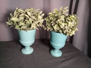 lot 6877 image: Faux Plants in Light Blue Urn Planters Set of 2