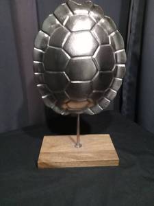 lot 6901 image: Turtle Shell-Shaped Metal Sculpture on Wood Stand