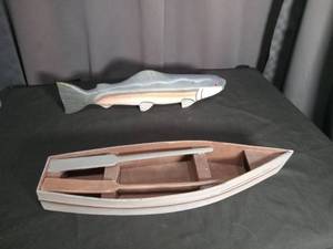 lot 6908 image: Two Decorative Wooden Boat Models Fish and Rowboat