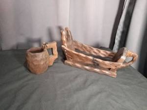 lot 6911 image: 2-Piece Carved Wood Decorative Set Boat Bowl Mug Souvenir