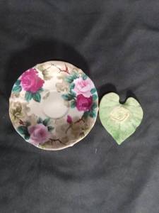 lot 6926 image: Porcelain Teacup Saucer Floral Rose Print with Green Leaf Dish