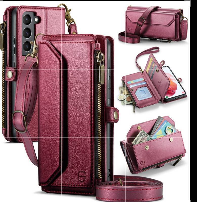 lot 10246 image: Strapurs Crossbody Wallet Case Compatible with Samsung Galaxy S21 5G RFID Blocking Card Holder Soft PU Leather Magnetic Snap Shoulder Strap Zipper Pocket Phone Case Fit for Galaxy S21 6.2 - Wine Red