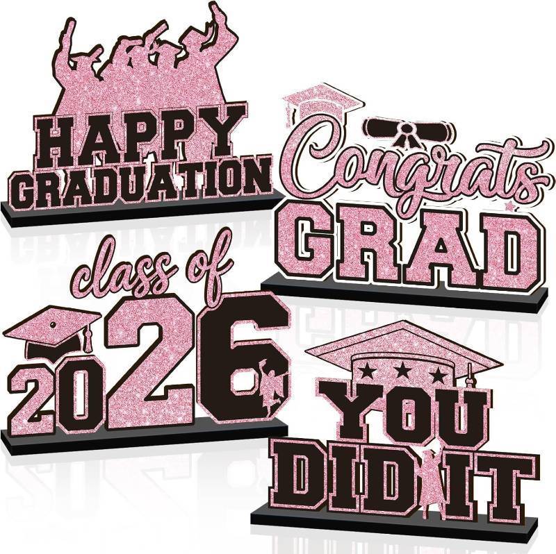 lot 10249 image: 4Pcs Pink Graduation Decorations 2026 Wooden Table Centerpieces