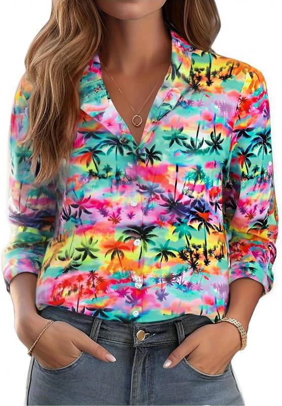 lot 10568 image: Women Hawaiian Shirt Tropic Print Casual Floral Button-Down Blouse medium