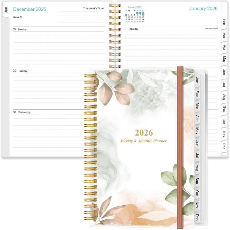 lot 10620 image: 2026 Planner - A5 Weekly & Monthly, Spiral Bound, 6.4 x 8.5, Rose Leaf