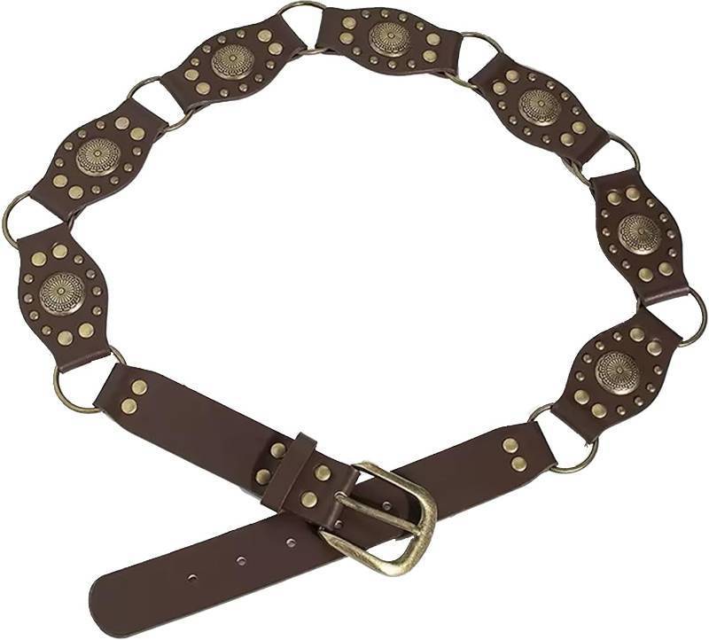 lot 10630 image: Western Womens Disc Concho Belt, Boho Rivet, Vintage Low-Waist, Brown