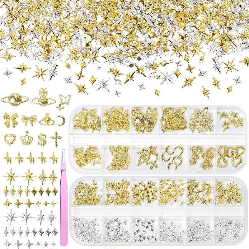 lot 10700 image: Cross Star Planet Heart Gold Nail Charms, Alloy Nail Art Charms, Rivet