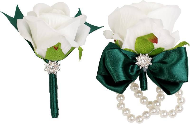 lot 10789 image: Ivory Rose Corsage & Boutonniere Set for Wedding, Prom WristBoutonniere