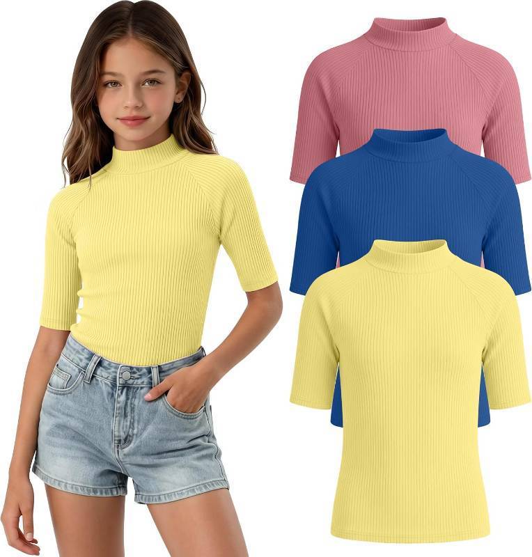 lot 10829 image: 3-Pack Girls Shirts Summer Tops Mock Turtleneck Slim Fit Ribbed Half Sleeve size 13-14