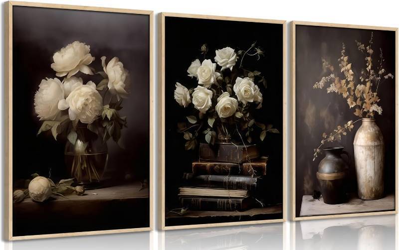 lot 10875 image: CCZ Vintage Moody Flower Wall Art - Dark Floral Canvas, Rustic Farmhouse