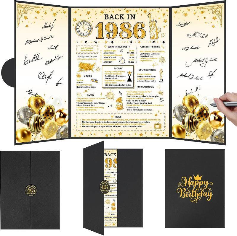 lot 10953 image: Black Gold 40th Birthday Decorations, Back 1986 Guest Book & Signature Card