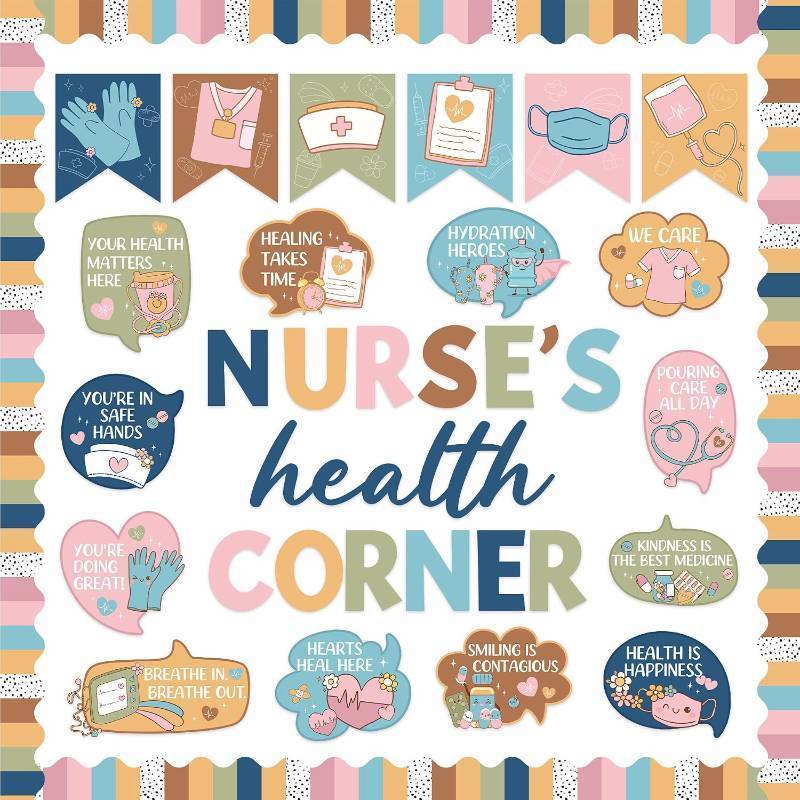 lot 11080 image: School Nurse Bulletin Board Decorations - 45 Pcs Boho Health Corner Set
