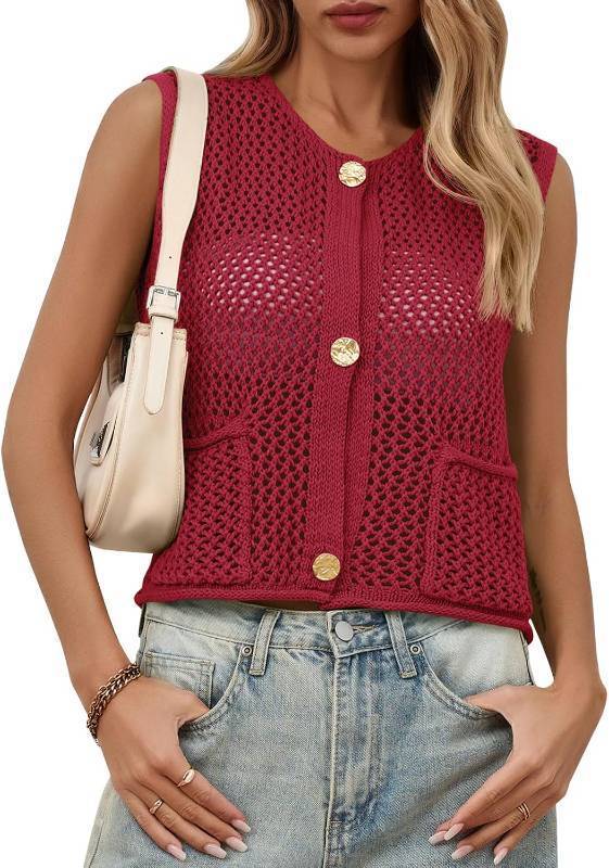 lot 6840 image: Saodimallsu Womens Crochet Sweater Vest Button-Down Sleeveless Crew Neck - M