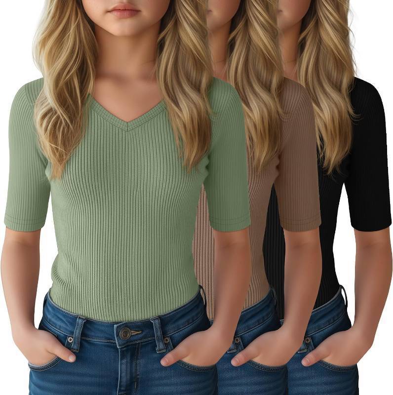lot 6853 image: 3 Pack Girls T-Shirts 13 14 Years Tween V-Neck Cute Fitted Tops for Kids