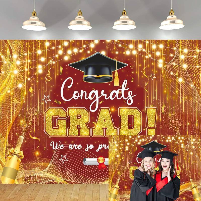 lot 6879 image: Congrats Grad Backdrop - Red & Gold, 7x5 ft, Class of 2026 Graduation Party