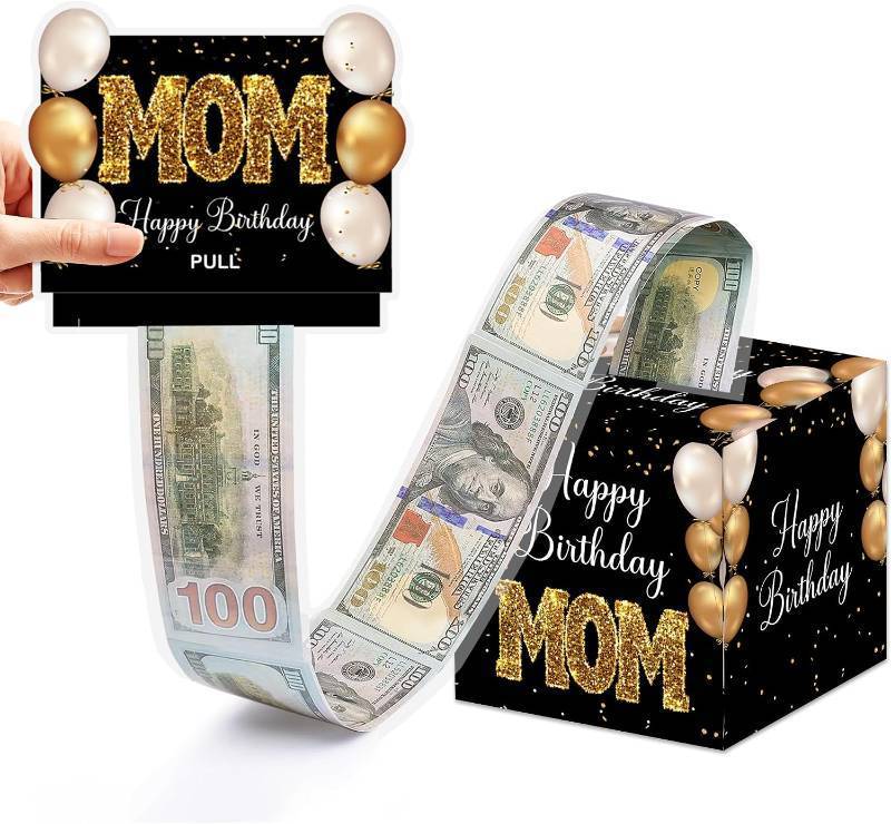 lot 7117 image: 4 Packs Mom Birthday Money Box for Cash Pull, Black Gold Gift Boxes, 50Pcs