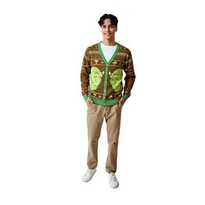 lot 7128 image: Shrek Character Faces Long Sleeve Christmas Sweater - Mens Small