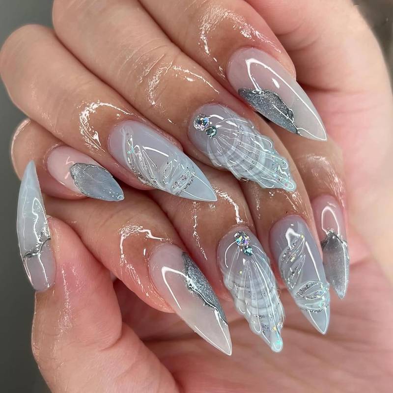 lot 11406 image: 3D Shell Press On Nails - 24pcs Medium Almond White Iridescent Rhinestones