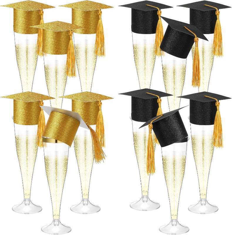 lot 11461 image: Funnymoom 12 Pack 4.5 oz Graduation Disposable Champagne Flutes with Caps
