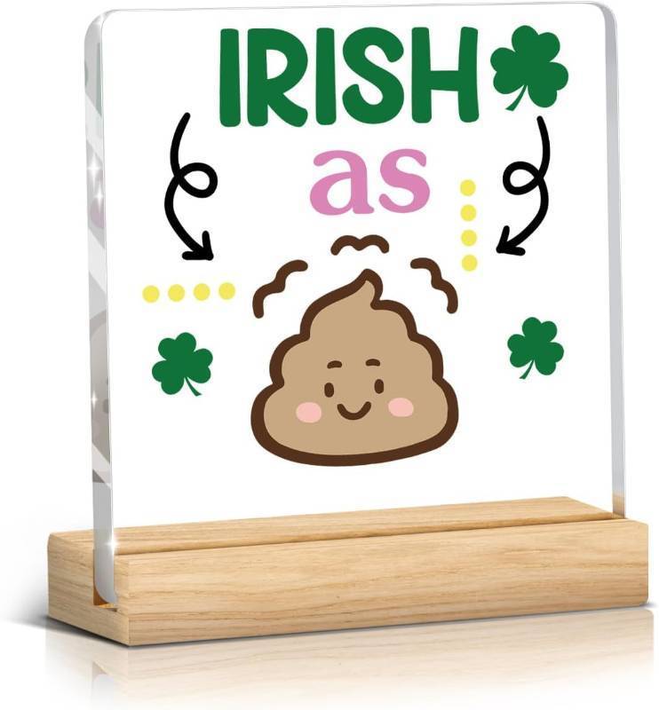 lot 11621 image: St Patricks Day Shamrock Acrylic Sign 4x4 - Bathroom Decor, DeskOffice