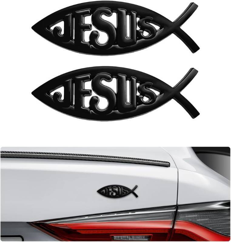 lot 11653 image: DXNQ 2PCS Jesus Fish Decal, 3D Car Emblem Chrome Faith Fish Badge (Black)