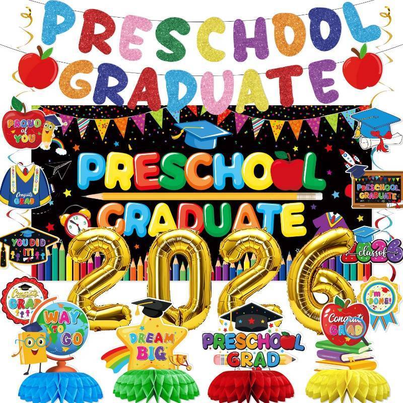 lot 7439 image: 2-Pack Preschool Graduation Decor Banner, Backdrop, Honeycomb Centerpieces