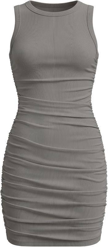 lot 7521 image: EXARUS Girls Ruched Bodycon Summer Dress, Ribbed, Sleeveless Mini, 8-9Y